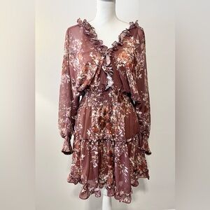Anna Cai New York Ruffled Floral Mini Dress. Smocked Waist/Cuffs. Brown/Pink. LG